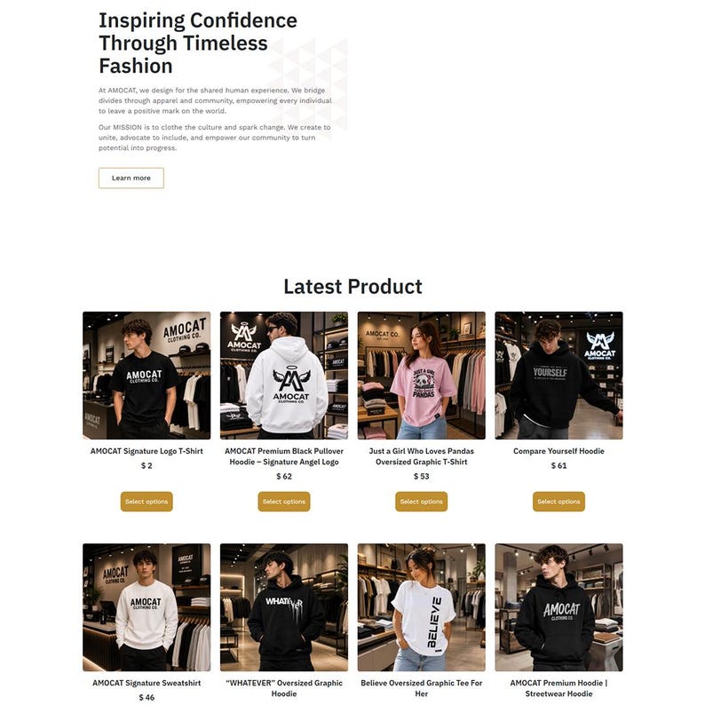 May include: A webpage display featuring eight clothing items including t-shirts, hoodies, and sweatshirts from AMOCAT Clothing Co. Each product card shows a person wearing the garment, the product name, and a button labeled Select options.