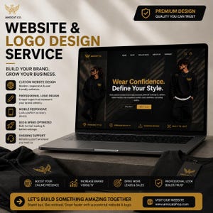 May include: A laptop displaying a website design service for Amocat Co. featuring black hoodies with gold logos. The screen shows text including Website & Logo Design Service, Wear Confidence, and Define Your Style. Black apparel with tags sits in the foreground.