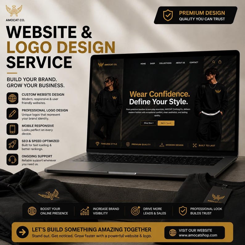 May include: A laptop displaying a website design service for Amocat Co. featuring black hoodies with gold logos. The screen shows text including Website & Logo Design Service, Wear Confidence, and Define Your Style. Black apparel with tags sits in the foreground.