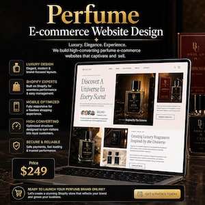 May include: A laptop displaying a perfume e-commerce website design with the text Boss Up, Discover A Universe In Every Scent, and Creating Luxury Fragrances Inspired by the Universe. The screen shows product images of perfume bottles and text.