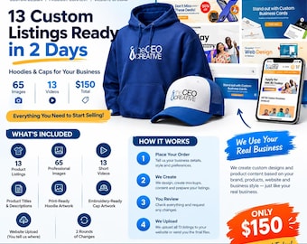 13 Custom Hoodie & Cap Listings | 2-Day Design Service (Digital Files)