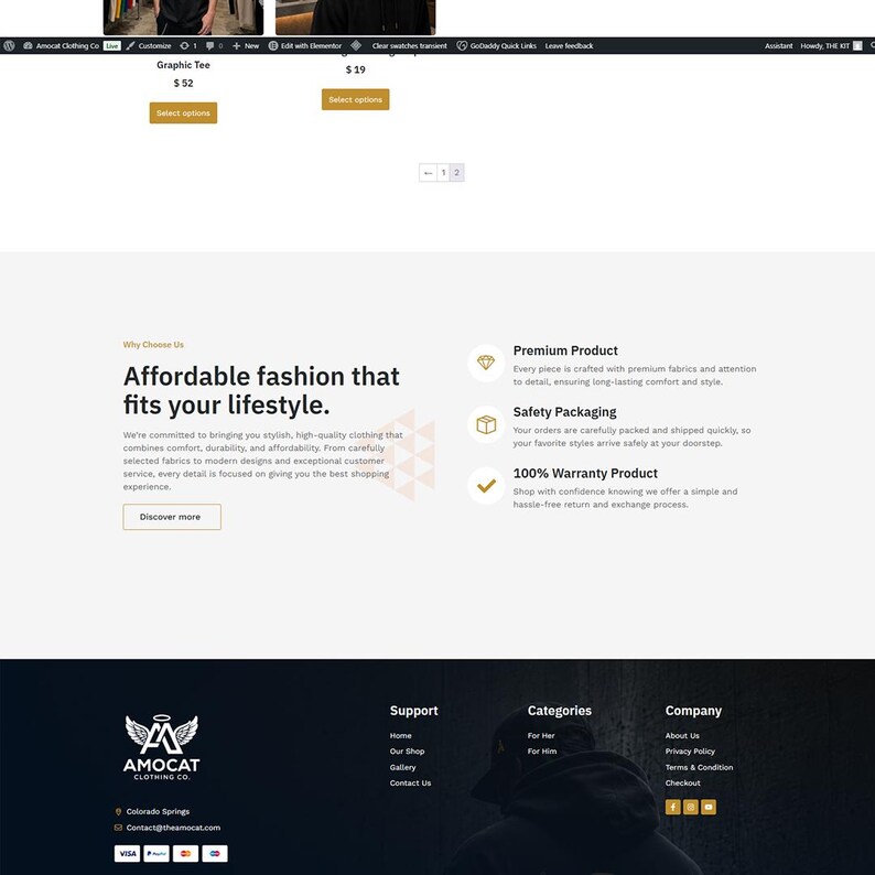 May include: A website interface for Amocat Clothing Co. featuring the text Affordable fashion that fits your lifestyle, along with sections for Premium Product, Safety Packaging, and 100% Warranty Product, plus a footer with company links.