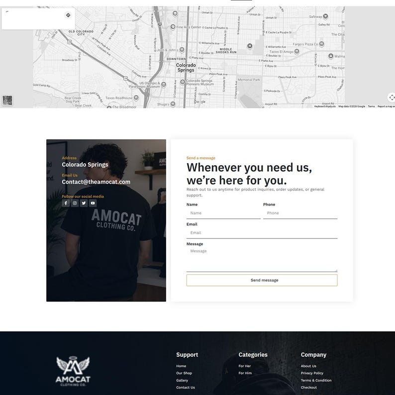 May include: A website interface featuring a map of Colorado Springs, a contact form with fields for name, phone, email, and message, and a section displaying a person wearing a black t-shirt with the text AMOCAT CLOTHING CO. on the back.
