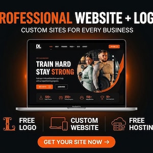May include: A laptop displaying a fitness website with the text TRAIN HARD STAY STRONG, featuring a circular image of two people in a gym. The screen shows navigation menus, buttons, and statistics. The background includes text for logo, website, and hosting.