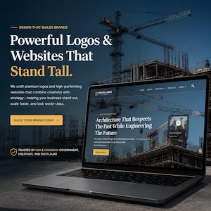 Könnte beinhalten: Ein silberner Laptop, der die Website von Digital Ladle Studio mit dem Text Powerful Logos & Websites That Stand Tall und Architecture That Respects The Past While Engineering The Future vor einem Hintergrund aus Baukränen anzeigt.