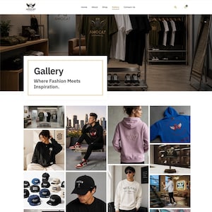 May include: A website gallery page for Amocat Clothing Co. featuring a collection of apparel including hoodies, sweatshirts, and baseball caps. The layout displays various product images, including a person in a black hoodie, a pink hoodie, and a white sweatshirt.