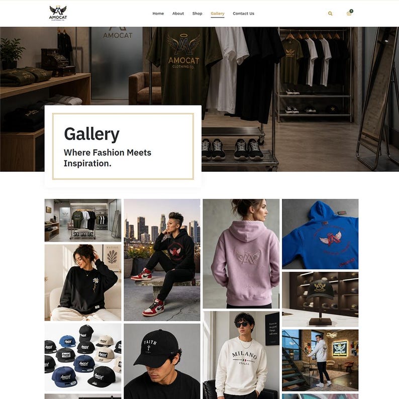 May include: A website gallery page for Amocat Clothing Co. featuring a collection of apparel including hoodies, sweatshirts, and baseball caps. The layout displays various product images, including a person in a black hoodie, a pink hoodie, and a white sweatshirt.
