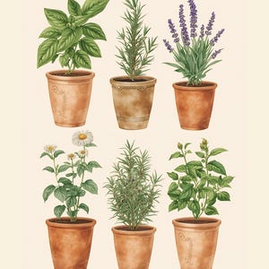 May include: An illustration of six potted herbs and flowers, including basil, rosemary, and lavender. The plants are in terracotta pots, with the words "Kitchen Lavender" written at the bottom.