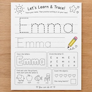 May include: A white educational worksheet titled Let's Learn & Trace! featuring the name Emma in dashed lines for tracing, a yellow pencil illustration, letter coloring and circling activities, and sections to identify objects and count five hearts.