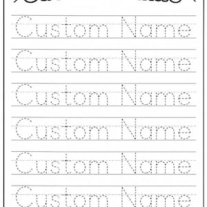 Puede incluir: Una hoja de ejercicios de caligrafía en blanco y negro con el texto Custom Name en la parte superior en una fuente de contorno negrita, seguido de siete filas del mismo texto en fuente de línea discontinua para trazar, con iconos de estrellas y corazones.