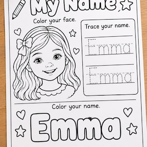 May include: A black and white printable activity sheet titled My Name featuring a line drawing of a girl with a bow in her hair, sections to trace the name Emma, and a large bubble letter section to color the name Emma with heart and star icons.