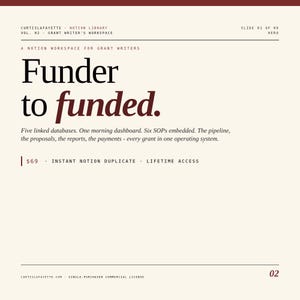 Può includere: Un modello di spazio di lavoro digitale Notion per redattori di sovvenzioni intitolato Funder to funded. Il testo include dettagli su cinque database collegati, una dashboard mattutina, sei SOP incorporati e una pipeline per le proposte.