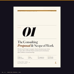 Peut inclure: Un document crème intitulé "The Consulting Proposal & Scope of Work". La couverture présente un grand "01" en noir, avec du texte en noir et marron. Le document est une bibliothèque de praticiens pour consultants, coachs et fondateurs de services.