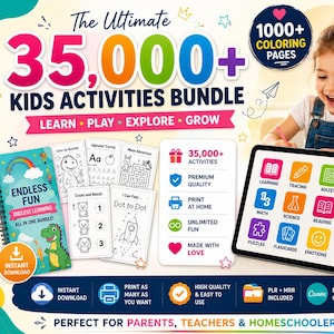 Może przedstawiać: Pakiet aktywności dla dzieci z tekstem "The Ultimate 35,000+ Kids Activities Bundle". Zawiera kolorowanki, zajęcia edukacyjne i tablet z ikonami edukacyjnymi. Na zdjęciu uśmiechnięta dziewczynka rysuje na tablecie.