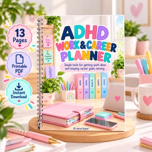 Op de afbeelding: Een spiraalgebonden ADHD Work & Career Planner met een kleurrijke omslag met de tekst 'ADHD WORK & CAREER PLANNER' en 'Simple tools for getting work done and keeping career goals moving.' De omslag toont een bureau met een roze notitieboek.