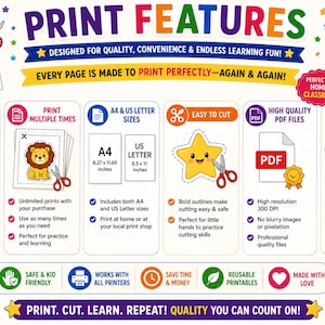 May include: A colorful educational print features various icons and text, including "Print Features" and "Print Multiple Times." The design highlights the benefits of printable resources, such as high-quality printing, easy cutting, and versatile use for learning.