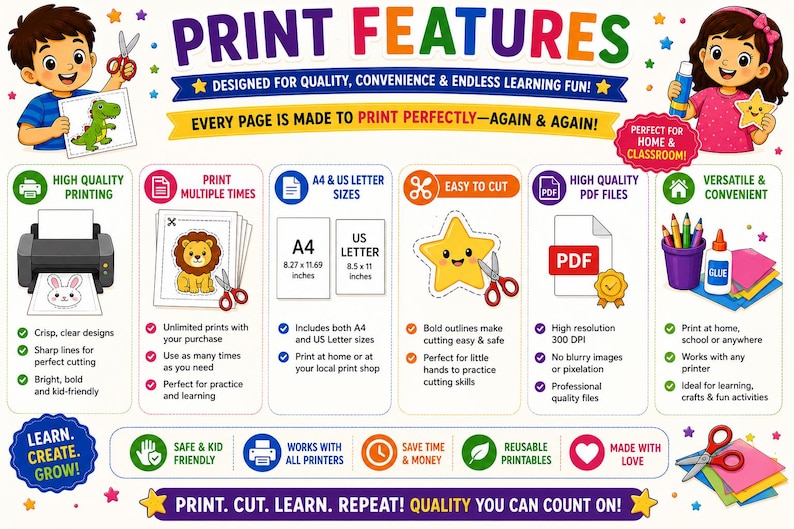 May include: A colorful educational print features various icons and text, including "Print Features" and "Print Multiple Times." The design highlights the benefits of printable resources, such as high-quality printing, easy cutting, and versatile use for learning.