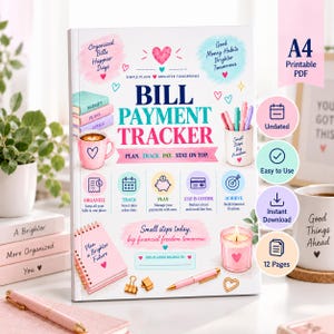 Puede incluir: Un planificador Bill Payment Tracker blanco con detalles en rosa, azul y morado. La portada incluye el texto 'BILL PAYMENT TRACKER', 'PLAN. TRACK. PAY. STAY ON TOP.' y 'Small steps today, big financial freedom tomorrow.' junto con varios iconos.