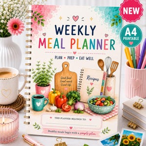 Op de afbeelding: Een spiraalgebonden weekmenuplanner met een witte kaft met kleurrijke aquarelillustraties van groenten, een snijplank en een receptenboek. De tekst luidt Weekly Meal Planner, Plan Prep Eat Well en This Planner Belongs To.