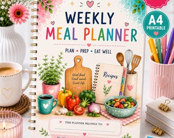 Puede incluir: Un planificador de comidas semanal con espiral y cubierta blanca que presenta ilustraciones coloridas en acuarela de verduras, una tabla de cortar y un libro de recetas. El texto dice Weekly Meal Planner, Plan Prep Eat Well y This Planner Belongs To.