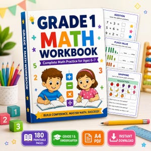 Könnte beinhalten: Ein Mathe-Arbeitsbuch für die erste Klasse mit weißem Einband, das einen Jungen und ein Mädchen beim Schreiben in Notizheften zeigt, bunte Mathe-Symbole und den Text Build Confidence. Master Math. Succeed! Enthält drei Übungsblätter zu Addition und Graphen.
