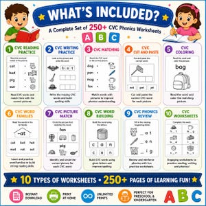 May include: Educational poster with the title "What's Included?" featuring 10 types of CVC phonics worksheets. Includes reading, writing, matching, and coloring activities. Designed for preschool and kindergarten students. Features colorful illustrations and text.