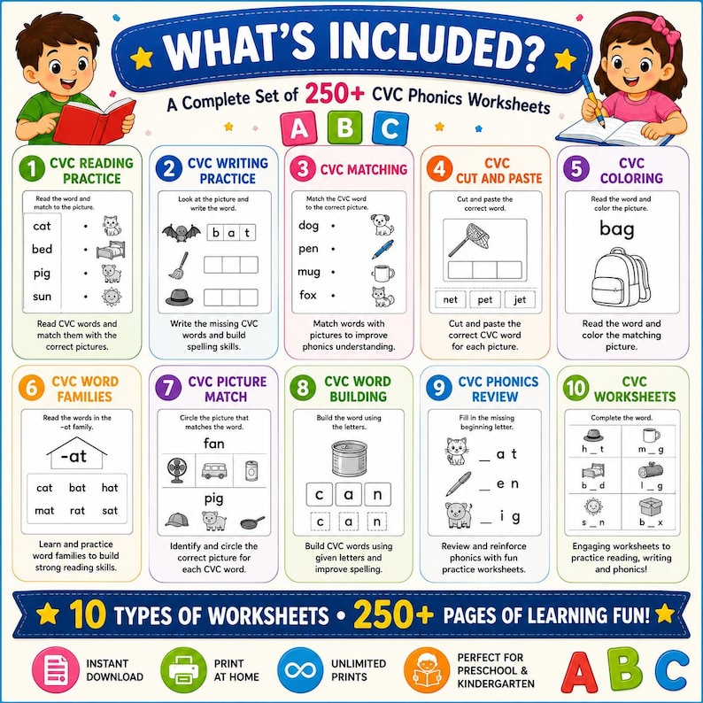 May include: Educational poster with the title "What's Included?" featuring 10 types of CVC phonics worksheets. Includes reading, writing, matching, and coloring activities. Designed for preschool and kindergarten students. Features colorful illustrations and text.