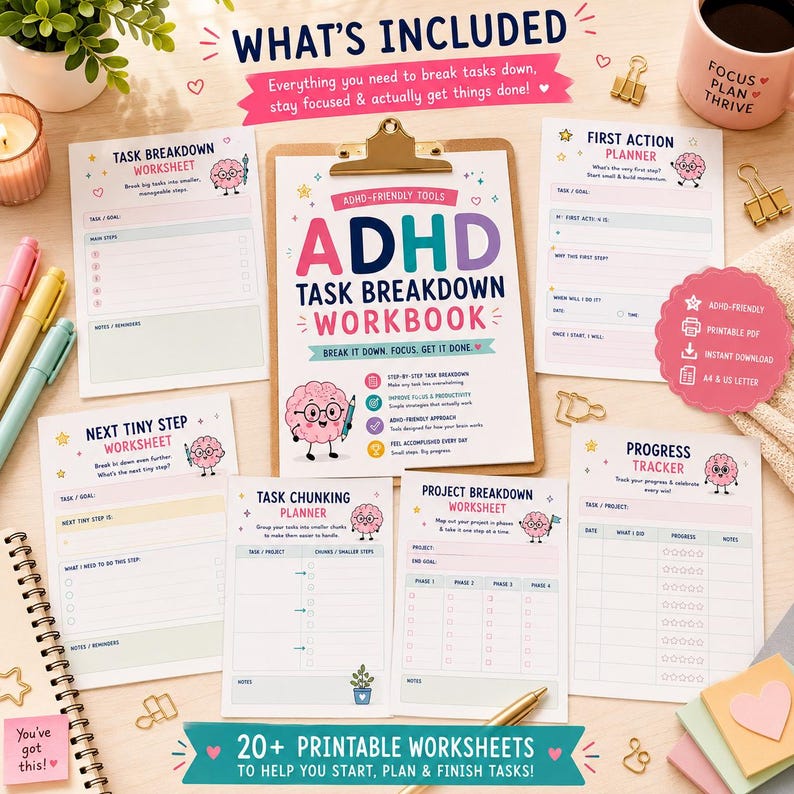 May include: A collection of ADHD task breakdown worksheets and planners featuring a central workbook with a brain character illustration. The pages include titles like Task Breakdown, First Action Planner, Next Tiny Step, and Progress Tracker.
