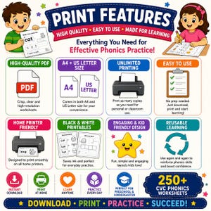 May include: Colorful educational graphic with the text "Print Features" and "Everything You Need for Effective Phonics Practice!" Includes images of worksheets, printers, and children, promoting downloadable phonics resources for home and classroom use.