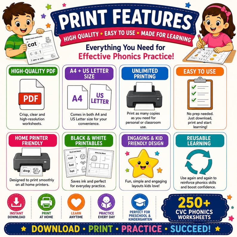 May include: Colorful educational graphic with the text "Print Features" and "Everything You Need for Effective Phonics Practice!" Includes images of worksheets, printers, and children, promoting downloadable phonics resources for home and classroom use.