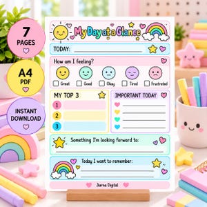 Op de afbeelding: Een printbaar dagplannerblad getiteld My Day at a Glance met een regenboog en zon. Het bevat secties voor de datum, stemmingsregistratie met vijf emoji's, een top drie lijst, belangrijke taken, toekomstplannen en een sectie voor herinneringen.