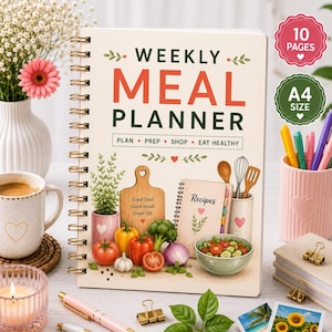 Printbaar pakket met een wekelijkse maaltijdplanner | Boodschappenlijst, voorbereiding en recepten (A4 PDF-download)