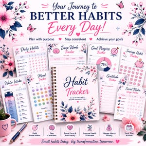 Peut inclure: Un ensemble de trackers d'habitudes avec des accents floraux et le texte "Habit Tracker". Les trackers comprennent des sections pour les habitudes quotidiennes, l'humeur, l'apport en eau et le suivi des objectifs. Le design présente des couleurs roses et blanches.