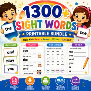 May include: A 1300+ sight words printable bundle educational resource featuring cartoon children holding flashcards. The graphic includes sections for flashcards, tracing, finding, circling, and writing words, with icons for PDF, download, and printing.