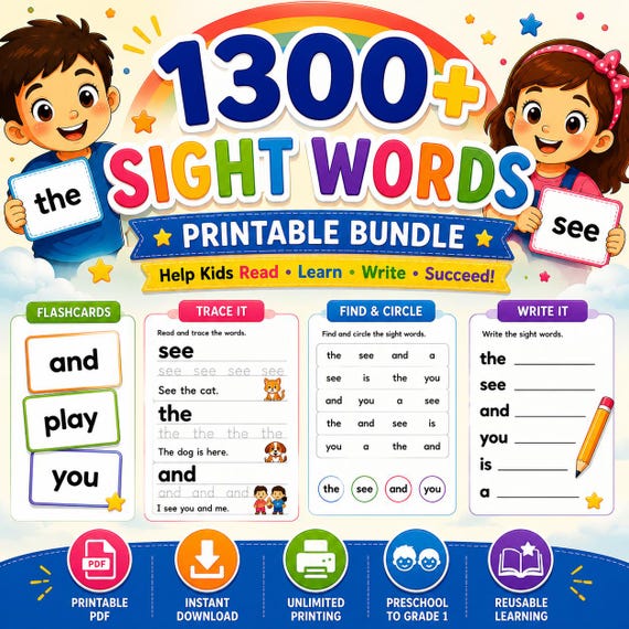1300+ Pages of Sight Words  Printable Bundle | Preschool Kindergarten Reading Worksheets (Digital Download)