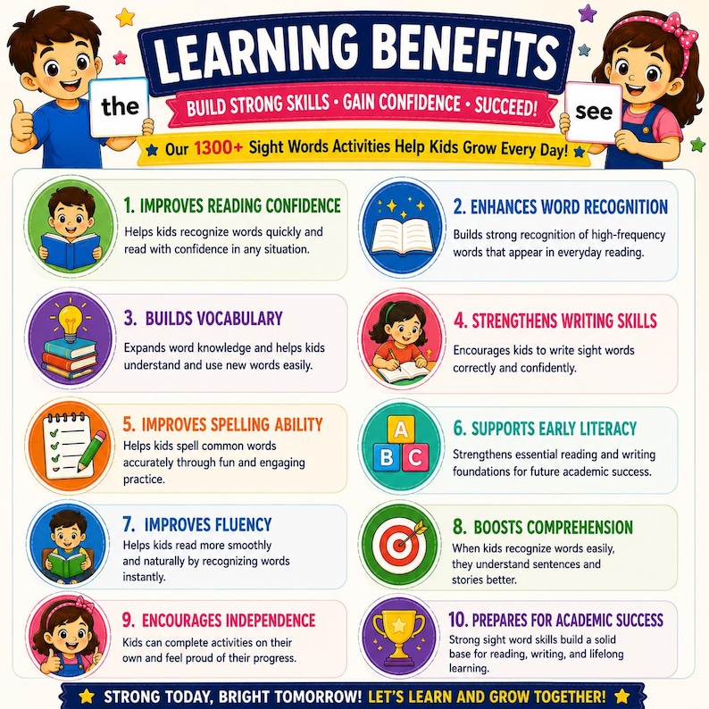 May include: An educational infographic titled LEARNING BENEFITS featuring cartoon children holding cards with the words the and see. It lists ten points including improves reading confidence, enhances word recognition, and builds vocabulary with icons.