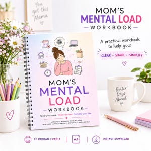 May include: A spiral-bound workbook titled Mom's Mental Load Workbook with a pastel gradient cover featuring an illustration of a person resting their head, surrounded by icons of a calendar, house, laundry, clock, laptop, groceries, and checklist.