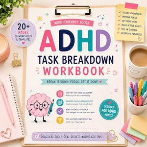 Könnte beinhalten: Ein ADHD Task Breakdown Arbeitsbuch mit einem bunten Einband, einer Cartoon-Gehirnfigur, dem Text ADHD-Friendly Tools und einer Liste von Vorteilen wie Überforderung reduzieren, Fokus verbessern, mehr erledigen und bessere Gewohnheiten aufbauen.