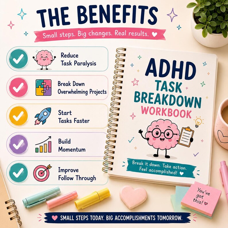 May include: A spiral-bound ADHD Task Breakdown Workbook with a pink brain character on the cover. The cover features the text ADHD TASK BREAKDOWN WORKBOOK and Break it down. Take action. Feel accomplished! A list of benefits is shown to the left.