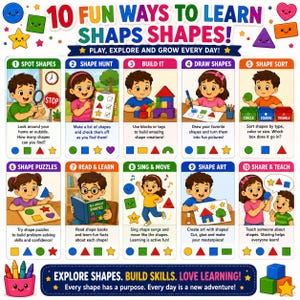 An educational poster titled 10 FUN WAYS TO LEARN SHAPS SHAPES! featuring ten numbered panels with cartoon illustrations of children engaging in activities like shape hunting, drawing, sorting, and building with colourful geometric shapes.