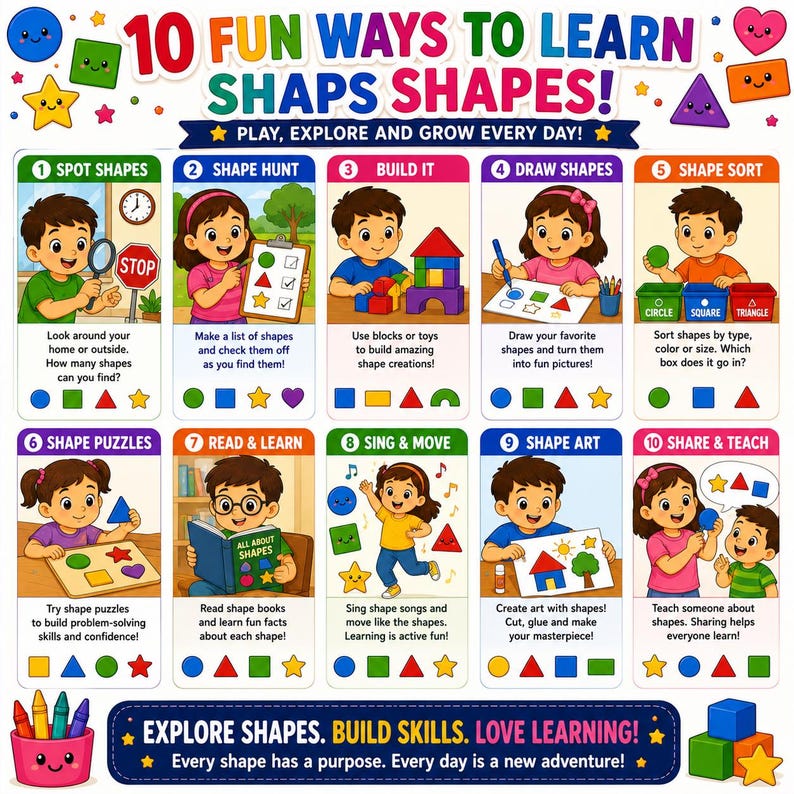 An educational poster titled 10 FUN WAYS TO LEARN SHAPS SHAPES! featuring ten numbered panels with cartoon illustrations of children engaging in activities like shape hunting, drawing, sorting, and building with colourful geometric shapes.