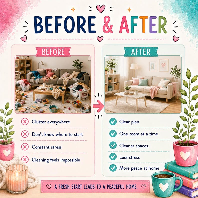 May include: A before and after infographic showing a cluttered living room versus a tidy one. Text includes 'BEFORE & AFTER', 'Clutter everywhere', 'Don't know where to start', 'Constant stress', 'Cleaning feels impossible', 'Clear plan', 'One room at a time', 'Cleaner spaces', 'Less stress', 'More peace at home', and 'A FRESH START LEADS TO A PEACEFUL HOME.'