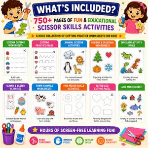 May include: A colorful educational worksheet set for kids, featuring scissor skills activities. The image includes various themed cutting pages, such as animals, holidays, and dinosaurs, with the text "WHAT'S INCLUDED?" and "HOURS OF SCREEN-FREE LEARNING FUN!"