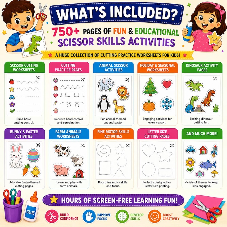 May include: A colorful educational worksheet set for kids, featuring scissor skills activities. The image includes various themed cutting pages, such as animals, holidays, and dinosaurs, with the text "WHAT'S INCLUDED?" and "HOURS OF SCREEN-FREE LEARNING FUN!"