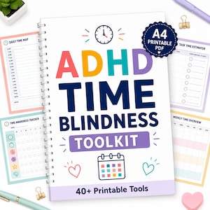 May include: A spiral-bound ADHD Time Blindness Toolkit planner with a white cover featuring colourful text, a clock icon, a calendar icon, and heart graphics. The cover displays the text ADHD TIME BLINDNESS TOOLKIT and 40+ Printable Tools.