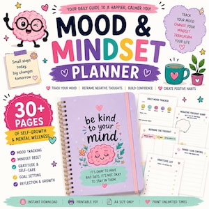 May include: A spiral-bound Mood & Mindset Planner with a light purple cover featuring a cartoon brain and the text 'be kind to your mind'. The planner includes pages for daily mood tracking, negative thought dumping, and gratitude lists.