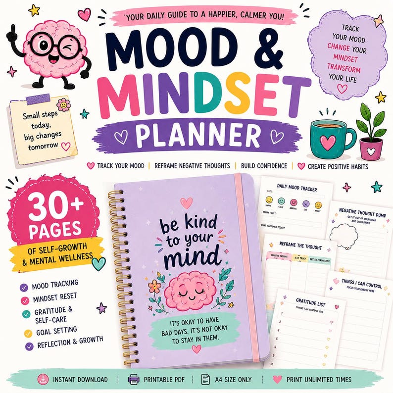 May include: A spiral-bound Mood & Mindset Planner with a light purple cover featuring a cartoon brain and the text 'be kind to your mind'. The planner includes pages for daily mood tracking, negative thought dumping, and gratitude lists.
