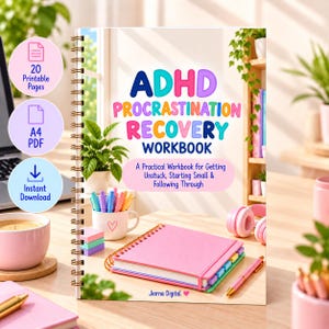 May include: A spiral-bound ADHD Procrastination Recovery Workbook with a white cover featuring colourful text, a pink notebook, a mug with pens, and pink headphones. The cover includes the text: A Practical Workbook for Getting Unstuck, Starting Small & Following Through.
