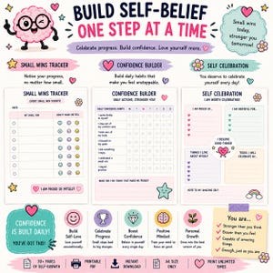 May include: A printable self-growth planner page featuring three sections: Small Wins Tracker, Confidence Builder, and Self Celebration. The design includes a cartoon brain character, pastel colors, heart icons, and text prompts for daily habits, gratitude, and positive affirmations in English.