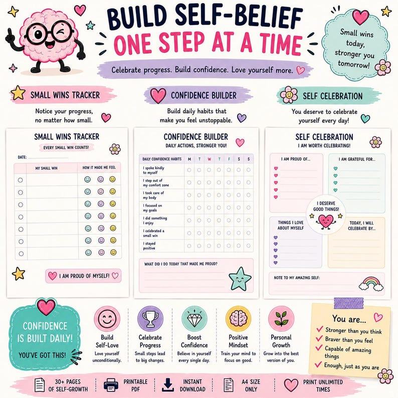 May include: A printable self-growth planner page featuring three sections: Small Wins Tracker, Confidence Builder, and Self Celebration. The design includes a cartoon brain character, pastel colors, heart icons, and text prompts for daily habits, gratitude, and positive affirmations in English.